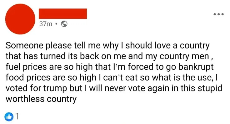 Social media post expressing frustration with high fuel and food prices and dissatisfaction with the government