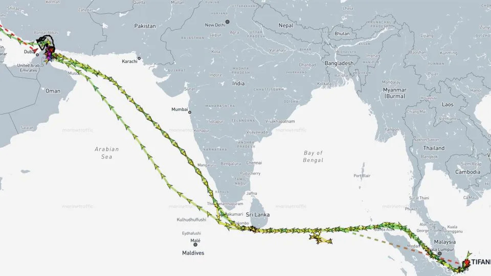MarineTraffic data shows multiple journeys the MT Tifani took between the Persian Gulf and the EOPL from April 2025 until its seizure by US forces in April 2026. - Marine Traffic
