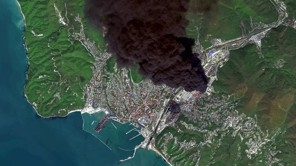 Toxic smoke clouds rise above the Russian Black Sea town of Tuapse after the latest oil refinery attack in a satellite image captured on April 28. - Vantor