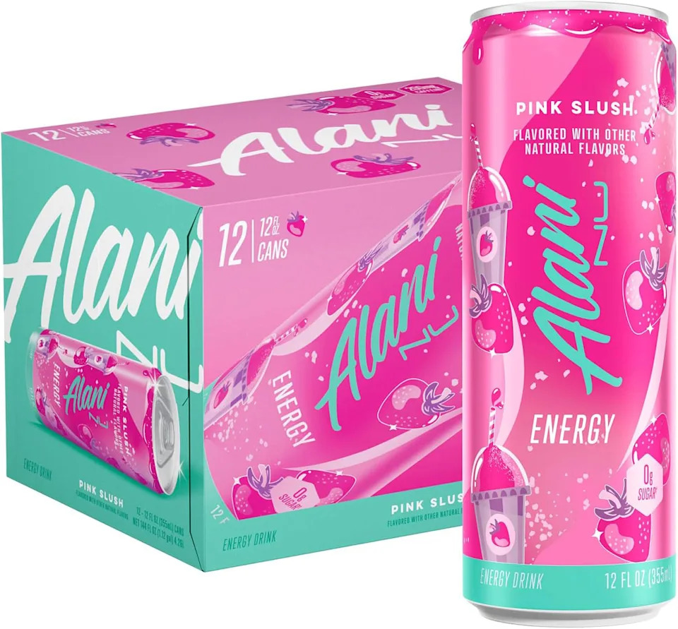 A product image showing a can of Alani Nu, Pink Slush flavor, in front of a 12-pack box of the same flavor (Alani Nu / Amazon)