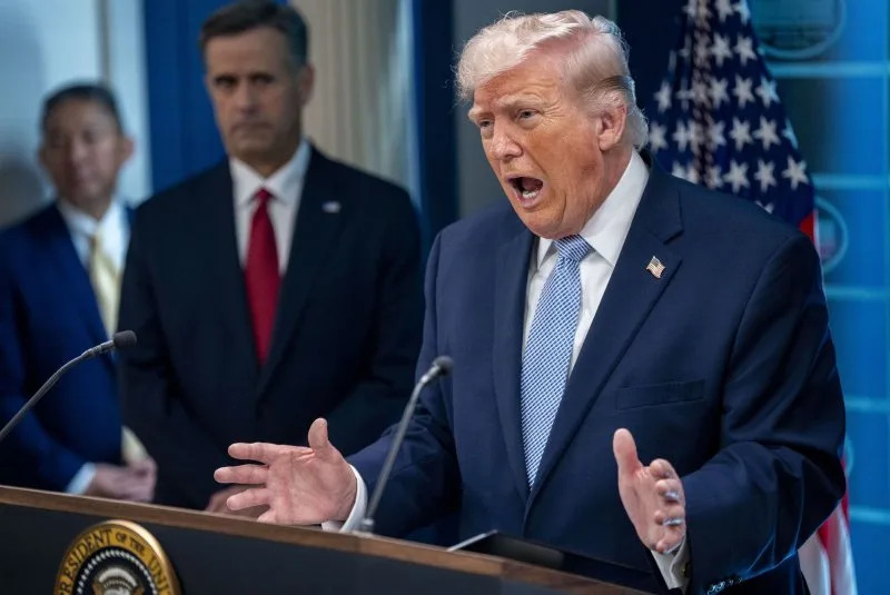 President Donald Trump speaks during a briefing on Iran in the James S. Brady Briefing Room at the White House in Washington D.C., on Monday. He threatened Iran with increased attacks if the country didn't reopen the Strait of Hormuz by Tuesday evening. Photo by Bonnie Cash/UPI
