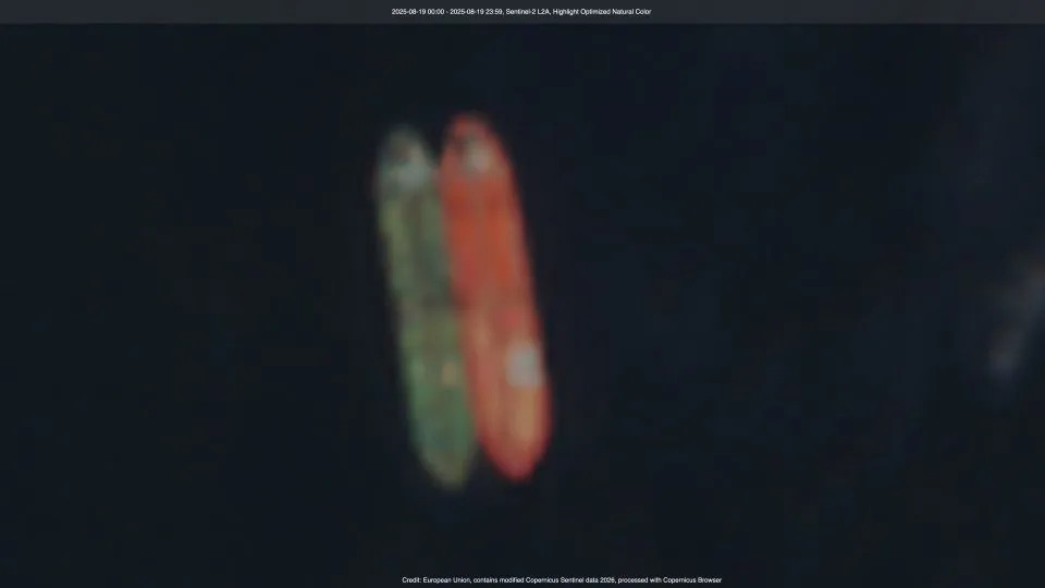 Satellite imagery appears to show the MT Tifani conducting a ship-to-ship transfer with the Macho Queen off Malaysia's east coast in August 2025. - European Space Agency