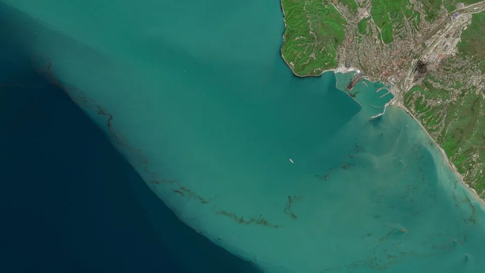A satellite image shows the oil extending at least 50 kilometers from shore on April 26, 2026. - Sentinel-2/European Space Agency