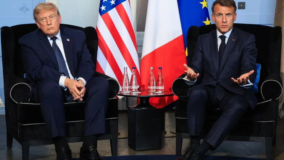 US President Donald Trump attends a bilateral meeting with France's President Emmanuel Macron on the sidelines of the G7 summit, in Evian, central-eastern France on Monday. - Ludovic Marin/AFP/Pool/Getty Images