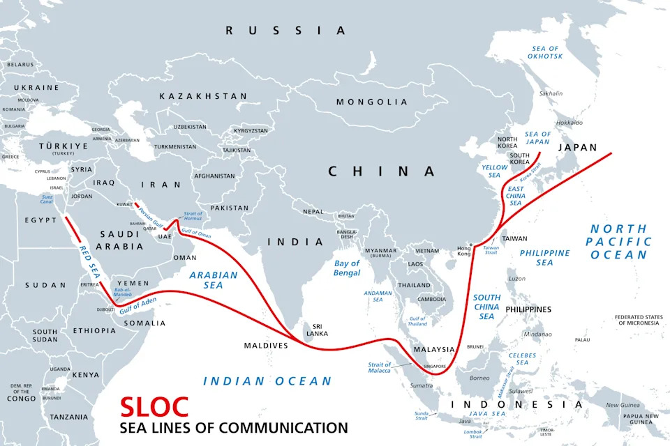A map shows major routes for energy resources and other trade from the Middle East to Asia, including the Bab el-Mandeb strait and the Strait of Hormuz. / Credit: Getty/iStockphoto